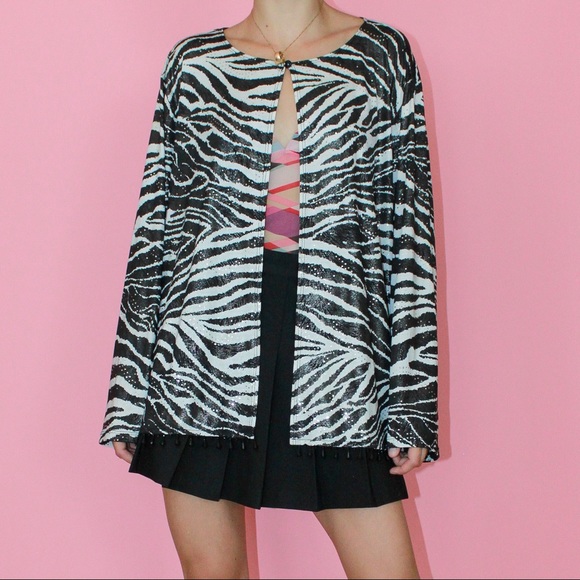 VTG y2k Zebra Print Lamé Beaded Hem Shirt Jacket - Picture 3 of 11